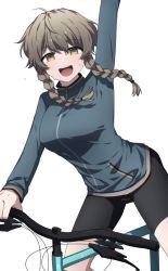 Rule 34 | 1girl, :d, amane suzuha, arm up, bicycle, bike shorts, black shorts, blue jacket, braid, breasts, brown eyes, brown hair, imamiyajet, jacket, large breasts, long hair, long sleeves, medium breasts, open mouth, riding, riding bicycle, shorts, simple background, smile, solo, steins;gate, sweat, teeth, twin braids, upper teeth only, white background, zipper