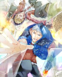 Rule 34 | 2021, 2boys, absurdres, blonde hair, blue jacket, broken glass, crossover, devil may cry (series), devil may cry 5, dual wielding, end of eternity, excited, firing, glass, gun, highres, holding, holding sword, holding weapon, hood, hooded jacket, jacket, multiple boys, nero (devil may cry), nishimoto, red jacket, red queen (sword), red shirt, shirt, sword, weapon, white hair, zephyr (end of eternity)