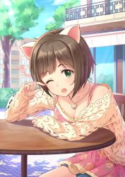 Rule 34 | 10s, 1girl, animal ears, bad id, bad twitter id, breasts, brown hair, building, cat ears, cleavage, collarbone, commentary request, day, dress, drowsy, fang, floral print, green eyes, highres, idolmaster, idolmaster cinderella girls, jewelry, light rays, maekawa miku, medium breasts, necklace, one eye closed, open mouth, outdoors, pendant, pink dress, rubbing eyes, short hair, shorts, sitting, sleepy, solo, sunbeam, sunlight, table, tamakaga, tree