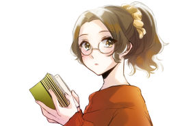 Rule 34 | 1girl, bespectacled, book, brown hair, closed mouth, commentary request, expressionless, from side, glasses, hair ornament, hair scrunchie, high ponytail, highres, holding, holding book, honami hisame, long sleeves, looking at viewer, looking to the side, open book, orange sweater, parted bangs, round eyewear, scrunchie, short hair, shoujo kageki revue starlight, simple background, sleeves past wrists, solo, sweater, tareko, upper body, white background, yellow eyes, yellow scrunchie