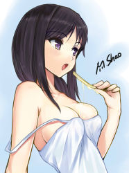 Rule 34 | 1girl, artist name, bad id, bad pixiv id, black hair, breasts, camisole, dripping, eating, fang, food on body, from side, original, purple eyes, shaojiang, skindentation, solo, strap slip, upper body