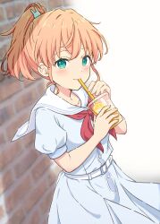 Rule 34 | 1girl, aqua eyes, blue dress, breasts, brick wall, commentary request, cowboy shot, crossed bangs, cup, dress, drinking, drinking straw, drinking straw in mouth, food, fruit, hair ornament, hanazora satsuki, hasu no sora school uniform, high ponytail, highres, hinoshita kaho, holding, holding cup, link! like! love live!, looking at viewer, love live!, medium breasts, medium hair, neckerchief, orange (fruit), orange hair, orange slice, ponytail, puffy short sleeves, puffy sleeves, rabbit hair ornament, red neckerchief, sailor collar, sailor dress, school uniform, short sleeves, solo, summer uniform, virtual youtuber, white sailor collar