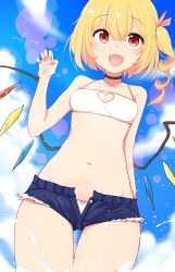 Rule 34 | 1girl, :d, absurdres, alternate costume, bad id, bad pixiv id, bikini, blonde hair, blush, breasts, choker, cleavage, cleavage cutout, clothing cutout, collarbone, crystal, denim, denim shorts, fang, flandre scarlet, heart, heart cutout, highres, looking at viewer, navel, open mouth, red eyes, saple, short shorts, shorts, side ponytail, small breasts, smile, solo, swimsuit, touhou, unbuttoned, unzipped, water, white bikini, wings