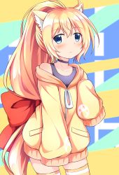 Rule 34 | 1girl, absurdres, animal ears, blonde hair, blue eyes, blush, borrowed character, cat ears, closed mouth, collarbone, cowboy shot, dress, hands in opposite sleeves, highres, hood, hoodie, long hair, looking at viewer, original, paw print, ponytail, sleeves past wrists, solo, striped clothes, striped thighhighs, sweater, sweater dress, tank top, thighhighs, thighs, uneune, very long hair, yellow thighhighs, zettai ryouiki