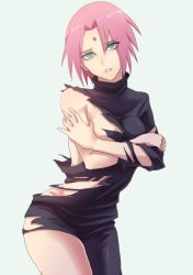 Rule 34 | 1girl, artist request, bodysuit, breasts, covering privates, covering breasts, facial mark, forehead mark, green eyes, haruno sakura, looking at viewer, naruto, naruto (series), pink hair, short hair, solo, sweat, torn clothes