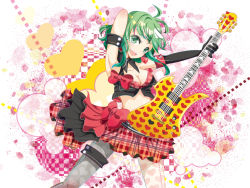 Rule 34 | 1girl, :d, arishiki, armpits, arms behind head, breasts, cleavage, fernandes guitars, green eyes, green hair, guitar, gumi, holding, instrument, looking at viewer, matching hair/eyes, medium breasts, midriff, music, open mouth, plaid, plaid skirt, playing instrument, pleated skirt, short hair, skirt, smile, solo, vocaloid