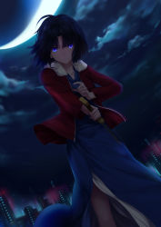 Rule 34 | 1girl, absurdres, black hair, blue eyes, blue kimono, cloud, collarbone, dutch angle, glowing, highres, holding, holding knife, jacket, japanese clothes, kara no kyoukai, kimono, knife, looking at viewer, misaka76, moon, night, open clothes, open jacket, outdoors, red jacket, ryougi shiki, short hair, sky, solo, standing, unzipped