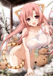Rule 34 | 1girl, :d, absurdres, animal ears, bathing, blush, breasts, capybara, collarbone, convenient censoring, covered erect nipples, covering privates, cowboy shot, day, fang, fangs, female focus, from side, groin, hair between eyes, hand up, happy, head tilt, highres, hip focus, holding, holding towel, in water, karory, large breasts, leaning forward, long hair, looking at viewer, mixed-sex bathing, naked towel, navel, nipples, nude, nude cover, onsen, open mouth, outdoors, parted bangs, pink hair, purple eyes, rock, scan, see-through, shared bathing, sidelocks, sky, smile, snow, solo, steam, straight hair, tail, tail censor, tiger ears, tiger tail, toranoana, towel, very long hair, wading, water, wet, wet hair, white towel