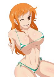 Rule 34 | 1girl, bare shoulders, bikini, breasts, cleavage, earrings, female focus, highres, jewelry, large breasts, long hair, nami (one piece), navel, one eye closed, one piece, open mouth, orange eyes, orange hair, pirate, simple background, sitting, solo, swimsuit, thick thighs, thighs, white background, wink