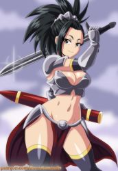Rule 34 | 10s, 1girl, alternate costume, armor, bikini armor, black eyes, black hair, boku no hero academia, boots, breastplate, breasts, cowboy shot, elbow gloves, fantasy, gloves, groin, hair ornament, highres, lewdamone, looking at viewer, medium breasts, midriff, navel, pelvic curtain, ponytail, revealing armor, shoulder armor, smile, solo, stomach, sword, thigh boots, thighhighs, weapon, yaoyorozu momo