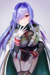 Rule 34 | 1girl, absurdres, artist request, azur lane, breasts, cleavage cutout, clothing cutout, coat, epaulettes, gloves, green coat, hair over one eye, highres, i.c.e, large breasts, looking at viewer, medal, multicolored coat, purple hair, red eyes, see-through, simple background, solo, trento (azur lane), white coat, white gloves
