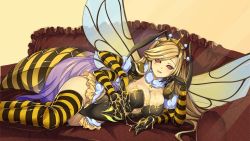 Rule 34 | 1girl, ancient greek clothes, antennae, arthropod girl, artist request, bee girl, black leotard, blonde hair, breasts, chiton, cleavage, compound eyes, couch, extra arms, food on body, food on breasts, game cg, honey, insect girl, insect wings, large breasts, leotard, long hair, monster musume no iru nichijou, monster musume no iru nichijou online, neck ruff, official art, open mouth, queen (monster musume), solo, striped clothes, striped thighhighs, suggestive fluid, swept bangs, thighhighs, wings