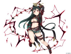 Rule 34 | 1girl, arm strap, arm up, belt, belt skirt, black footwear, black shirt, boots, breasts, buckle, closed mouth, company name, crop top, demon girl, demon horns, demon tail, full body, green hair, green shorts, high collar, holding, holding weapon, horn ornament, horn ribbon, horns, large breasts, leg up, long hair, long sleeves, looking at viewer, magic, midriff, monmusu harem, monmusume-harem, namaru (summer dandy), official art, pale skin, pointy ears, red eyes, red ribbon, ribbon, scabbard, seriouschain, sheath, shirt, short shorts, shorts, sidelocks, simple background, solo, tail, thigh strap, underboob, underbust, unsheathed, v-shaped eyebrows, v-shaped eyes, weapon, whip sword, white background