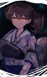 1girl blue_hakama breasts brown_hair closed_mouth commentary hair_between_eyes hakama highres japanese_clothes kaga_(kancolle) kantai_collection kimono looking_at_viewer muneate one-hour_drawing_challenge orange_eyes side_ponytail solo tasuki twitter_username upper_body white_kimono yukikaze2828