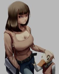Rule 34 | 1girl, 1other, animal head, bag, belt, bird, blunt bangs, breasts, brown hair, brown shirt, cardigan vest, child, cleavage, closed eyes, collarbone, cowboy shot, crop top, denim, duck, grey background, hand on another&#039;s head, hand on another&#039;s thigh, handbag, highres, jeans, large breasts, long hair, looking to the side, navel, original, pants, scoop neck, shirt, shoulder strap, simple background, thighs, what, white shirt, zulh00n