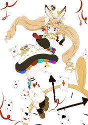 Rule 34 | 1girl, absurdres, animal ears, anon non, black hair, blonde hair, crown, detached collar, dress, drill hair, facial mark, gradient hair, highres, im mechecheche, key hair ornament, loose socks, low twintails, mini crown, multicolored hair, necktie, party popper hair ornament, platform footwear, playing card theme, prism project, purple eyes, rabbit ears, rabbit girl, rabbit tail, red necktie, scrunchie, sidelocks, socks, solo, strapless, strapless dress, tail, twintails, virtual youtuber, wrist scrunchie