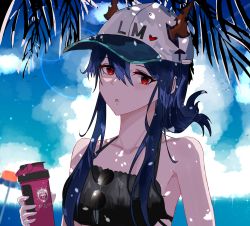 Rule 34 | 1girl, arknights, baseball cap, bikini, black bikini, blue hair, ch&#039;en (arknights), ch'en (arknights), chestnut mouth, cloud, cloudy sky, coconut tree, dragon horns, unworn eyewear, female tourist c (arknights), flask, hat, highres, holding, holding flask, horns, horns through headwear, jannong, long hair, looking at viewer, official alternate costume, palm tree, red eyes, shadow, sky, solo, summer, sunglasses, swimsuit, tree, upper body