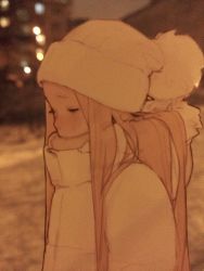 Rule 34 | 1girl, absurdres, blonde hair, blurry, blurry background, blush, closed eyes, covered mouth, film grain, from side, hair flowing over, highres, hood, hoodie, long hair, long sleeves, looking down, luimiart, nose blush, photo background, profile, scarf, solo, standing, straight hair, sweatdrop, upper body, white headwear, white hoodie