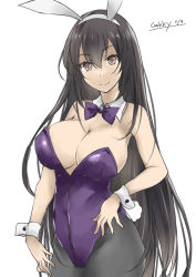 Rule 34 | 1girl, alternate costume, animal ears, black hair, black pantyhose, bow, bowtie, breasts, cleavage, detached collar, fake animal ears, gakky, kantai collection, large breasts, leotard, long hair, nagato (kancolle), one-hour drawing challenge, pantyhose, playboy bunny, purple bow, purple bowtie, purple leotard, rabbit ears, rabbit tail, red eyes, simple background, solo, strapless, strapless leotard, tail, white background, wrist cuffs