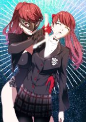 Rule 34 | 1girl, black leotard, bow, closed eyes, gloves, glowing, glowing weapon, hair bow, holding, holding sword, holding weapon, human scabbard, leotard, mask, matching hair/eyes, mizu cx, pantyhose, parted lips, persona, persona 5, persona 5 the royal, plaid, plaid skirt, pulling, red eyes, red gloves, red hair, school uniform, skirt, sky, smile, star (sky), starry sky, sword, weapon, yoshizawa kasumi