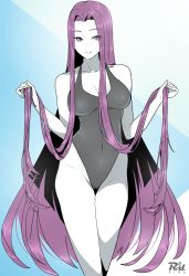 Rule 34 | 1girl, breasts, cleavage, collarbone, fate (series), highleg, highleg swimsuit, highres, large breasts, long hair, medusa (fate), medusa (rider) (fate), one-piece swimsuit, purple eyes, purple hair, r3dfive, smile, solo, swimsuit, very long hair