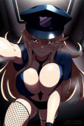 Rule 34 | 1girl, alternate costume, black hat, blonde hair, blue eyes, breasts, commission, fishnet thighhighs, fishnets, front-tie top, hat, iowa (kancolle), kantai collection, large breasts, lindaroze, long hair, looking at viewer, police, police hat, police uniform, policewoman, solo, star-shaped pupils, star (symbol), symbol-shaped pupils, thighhighs, uniform