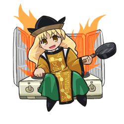 Rule 34 | 1girl, black hat, blonde hair, boots, constellation, dress, fire, frying pan, green skirt, hat, long hair, looking at viewer, matara okina, open mouth, sitting, skirt, smile, solo, stove, tabard, touhou, wide sleeves, winn, yellow eyes