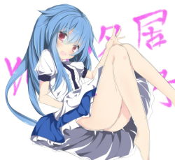 Rule 34 | 1girl, ass, barefoot, blouse, blue hair, hair between eyes, highres, hinanawi tenshi, long hair, looking at viewer, narugaruru, open mouth, outstretched hand, puffy short sleeves, puffy sleeves, rainbow gradient, rainbow order, red eyes, shirt, short sleeves, sketch, solo, thighs, touhou, white shirt