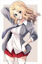 Rule 34 | 1girl, arm behind head, black necktie, blazer, blonde hair, blouse, blue eyes, bonkara (sokuseki maou), collared shirt, commentary, girls und panzer, grey background, grey jacket, grin, hair intakes, head tilt, highres, holding, jacket, kay (girls und panzer), long hair, long sleeves, looking at viewer, miniskirt, necktie, open clothes, open jacket, outside border, pleated skirt, red skirt, saunders school uniform, school uniform, shirt, skirt, sleeves rolled up, smile, solo, standing, thighhighs, white shirt, white thighhighs, wind, wing collar