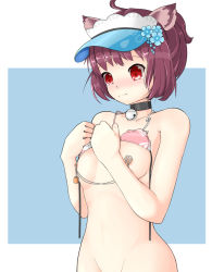 Rule 34 | 1girl, ahoge, animal ears, animal hands, baseball cap, bell, bikini, blush, breasts, brown hair, cat ears, cat paws, choker, closed mouth, dokutokage, flower, hat, ichihime, looking down, mahjong soul, nipple chain, nipples, out-of-frame censoring, red eyes, simple background, swimsuit, tears