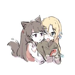 Rule 34 | 2girls, :&lt;, ;o, animal ears, blonde hair, blue eyes, blue hair, brown hair, closed mouth, cropped torso, dog ears, dog girl, dog tail, fang, fujishima megumi, gradient hair, grey eyes, grey shirt, hair down, holding, holding phone, hug, hug from behind, kemonomimi mode, light blue hair, link! like! love live!, long hair, long sleeves, love live!, mofuniku, multicolored hair, multiple girls, official alternate costume, official alternate hairstyle, one eye closed, open mouth, osawa rurino, parted bangs, phone, pink sweater vest, purple eyes, shirt, simple background, skin fang, sweater vest, tail, two side up, virtual youtuber, white background, white shirt, yuri