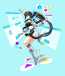 Rule 34 | 1girl, absurdres, aqua background, bai winchester, black hair, black skirt, black tube top, blue bow, blue jacket, boots, bow, breasts, closers, cropped jacket, error message, eyewear on head, foot up, frilled skirt, frills, from side, full body, gloves, goggles, goggles on head, hair bow, hands up, heart, heterochromia, highres, jacket, knee boots, large breasts, long hair, long sleeves, looking to the side, midriff, multicolored clothes, multicolored jacket, official art, open clothes, open jacket, outstretched arms, partially fingerless gloves, play button, pointing, ponytail, puffy long sleeves, puffy sleeves, purple eyes, red eyes, skirt, smile, solo, spoken heart, spoken star, spoken thumbs up, spread arms, star (symbol), strapless, tachi-e, tube top, two-tone jacket, two-tone skirt, very long hair, white footwear, white gloves, white jacket, white skirt, window (computing), zipper, zipper pull tab