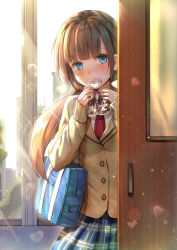 Rule 34 | 1girl, back, bag, blazer, blue skirt, blunt bangs, blush, brown hair, building, buttons, chocolate, covered mouth, day, door, eyelashes, flat chest, gift, gift bag, hair ornament, heart, himonoata, holding, holding gift, jacket, light particles, long sleeves, looking at viewer, low twintails, miniskirt, necktie, open door, original, peeking out, plaid, plaid skirt, pleated skirt, red necktie, red ribbon, ribbon, school, school bag, school uniform, shirt, shoulder bag, skirt, sky, solo, sparkle, sunlight, transparent, twintails, upper body, valentine, white shirt, window