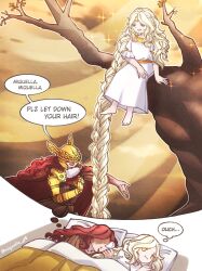 Rule 34 | 1boy, 1girl, absurdly long hair, artist name, barefoot, blonde hair, braid, brother and sister, commentary, dreaming, dress, elden ring, english commentary, english text, helmet, highres, in tree, long hair, malenia blade of miquella, mechanical arms, miqueliafantasia, miquella (elden ring), prosthesis, prosthetic arm, rapunzel, red hair, siblings, single mechanical arm, sitting, sitting in tree, sparkle, speech bubble, thought bubble, trap, tree, very long hair, visor (armor), white dress, winged helmet