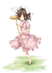 Rule 34 | 1girl, animal ears, bare legs, black hair, blush, rabbit ears, deetamu, dress, female focus, grass, hammer, hammer (sunset beach), highres, inaba tewi, jewelry, necklace, pink dress, red eyes, smile, solo, tam-out (datam), touhou