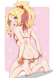 Rule 34 | 10s, 1girl, ass, bad id, bad nicoseiga id, bare arms, bare legs, barefoot, bikini, bikini pull, bow, breasts, butt crack, clothes pull, eromanga sensei, from behind, hair bow, halterneck, heart, kneeling, long hair, looking back, noa p, open mouth, outside border, pointy ears, ponytail, pulled by self, red bikini, red bow, red eyes, shiny skin, side-tie bikini bottom, small breasts, soles, solo, string bikini, striped bikini, striped clothes, sweat, swimsuit, yamada elf