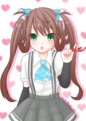 Rule 34 | 1girl, arm warmers, asagumo (kancolle), ascot, blue ascot, brown hair, dated, double bun, green eyes, grey skirt, hair bun, hair ribbon, heart, kantai collection, long hair, open mouth, patterned background, pinky out, pleated skirt, ribbon, ryouki (ryoki 215), school uniform, shirt, skirt, solo, string around finger, suspenders, twintails, twitter username, white shirt