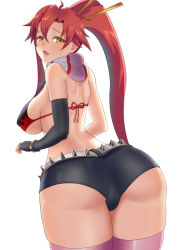 Rule 34 | 1girl, ass, bad id, bad pixiv id, bare shoulders, bikini, bikini top only, black gloves, elbow gloves, gloves, hair between eyes, hair ornament, long hair, looking at viewer, looking back, open mouth, red hair, scarf, simple background, solo, swimsuit, tengen toppa gurren lagann, vanquice, white background, yellow eyes, yoko littner