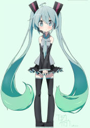 Rule 34 | 10s, 1girl, 2014, artist name, boots, dated, detached sleeves, green eyes, green hair, hatsune miku, headset, inaka keikou, long hair, matching hair/eyes, necktie, pigeon-toed, revision, skirt, solo, thigh boots, thighhighs, twintails, very long hair, vocaloid