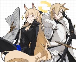 Rule 34 | 1boy, 1girl, absurdres, animal ears, annoyed, arknights, armor, arrow (symbol), black pants, black shirt, blemishine (arknights), blemishine (arknights) (cosplay), blonde hair, breasts, cape, closed eyes, collared shirt, cosplay, costume switch, fur-trimmed cape, fur trim, gauntlets, grid background, hand on own face, highres, holding, holding newspaper, holding sword, holding weapon, horse boy, horse ears, horse tail, long hair, looking at viewer, medium breasts, mlynar (arknights), mlynar (arknights) (cosplay), necktie, newspaper, one eye closed, pants, shirt, sidelocks, simple background, smile, sword, tail, uncle and niece, weapon, white background, white cape, white necktie, yakota (usuk-yako)