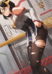Rule 34 | 10s, 1girl, adjusting clothes, adjusting legwear, bare shoulders, black hair, black pantyhose, detached sleeves, glasses, hairband, highres, kantai collection, kirishima (kancolle), legs, long legs, looking at viewer, nontraditional miko, pantyhose, qingmingtongzi, short hair, solo, thighs, torn clothes, torn pantyhose