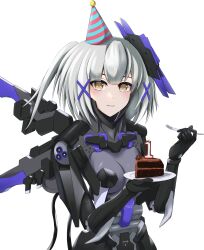 Rule 34 | 1girl, absurdres, anniversary, breasts, brown eyes, cake, cake slice, chocolate cake, food, fork, grey hair, hair ornament, hat, headgear, highres, holding, holding fork, holding plate, looking at viewer, mechanical parts, mechanical wings, medium hair, party hat, plate, punishing: gray raven, rosetta: rigor (punishing: gray raven), rosetta (punishing: gray raven), small breasts, solo, wavefile, white background, wings, x hair ornament