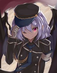 Rule 34 | 1girl, alternate costume, bat wings, black hat, blue necktie, buttons, fang, fang out, gloves, hair between eyes, hand up, hat, light purple hair, looking at viewer, meuneyu, necktie, one eye closed, pink eyes, pointy ears, remilia scarlet, smile, solo, touhou, upper body, white gloves, wings
