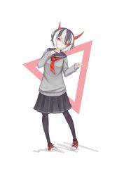 Rule 34 | 1girl, asymmetrical horns, bad id, bad pixiv id, black hair, black pantyhose, black skirt, commentary request, full body, grey sweater, hair between eyes, highres, horns, looking at viewer, multicolored hair, n15e, original, pantyhose, pleated skirt, pointing, red eyes, red footwear, school uniform, shoes, skirt, sleeves past wrists, smile, standing, sweater, triangle, two-tone hair, uneven horns, white hair