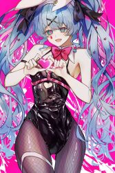 Rule 34 | :d, animal ear piercing, animal ears, black leotard, black ribbon, blue eyes, blue hair, bow, bowtie, chest harness, clothing cutout, detached collar, fake animal ears, fishnet pantyhose, fishnets, hair ornament, hair ribbon, hairband, harness, hatsune miku, heart, heart-shaped pupils, heart hands, heart in heart hands, highleg, highleg leotard, highres, lemon ice, leotard, multicolored hair, open mouth, pantyhose, pink background, pink bow, pink bowtie, pink hair, pink pupils, playboy bunny, rabbit ears, rabbit hole (vocaloid), ribbon, simple background, smile, streaked hair, symbol-shaped pupils, teardrop facial mark, twintails, white hairband, x hair ornament