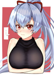 Rule 34 | ..., 1girl, absurdres, bare arms, bare shoulders, blue hair, breasts, closed mouth, covered erect nipples, crossed arms, fate/grand order, fate (series), furrowed brow, hair between eyes, high ponytail, highres, imuzi, large breasts, light blue hair, long hair, looking at viewer, red eyes, sleeveless, solo, speech bubble, spoken ellipsis, tomoe gozen (fate), very long hair