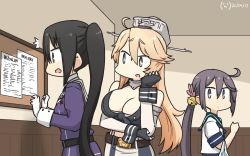 Rule 34 | 3girls, ^^^, absurdly long hair, akebono (kancolle), american flag legwear, bell, black hair, blonde hair, blue eyes, breasts, brown eyes, commentary request, dated, elbow rest, fingerless gloves, flower, front-tie top, furrowed brow, gloves, hair bell, hair flower, hair ornament, hamu koutarou, highres, indoors, iowa (kancolle), kantai collection, large breasts, long hair, looking at another, looking to the side, messy hair, multiple girls, nachi (kancolle), one-hour drawing challenge, open mouth, purple eyes, purple hair, school uniform, serafuku, short sleeves, side ponytail, star-shaped pupils, star (symbol), symbol-shaped pupils, translation request, upper body, very long hair, white gloves