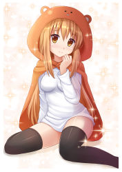 Rule 34 | 10s, 1girl, absurdres, animal costume, black thighhighs, blush, bottomless, breasts, brown eyes, doma umaru, gradient background, highres, himouto! umaru-chan, hood, kazenokaze, long hair, looking at viewer, medium breasts, sitting, smile, solo, thighhighs