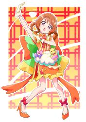 Rule 34 | 1girl, absurdres, ankle bow, ankle ribbon, back bow, bow, braided hair rings, brown hair, cosplay, cure yum-yum, cure yum-yum (cosplay), delicious party precure, dress, gloves, hair rings, hanamichi ran, heart, highres, huge bow, keijirou (mukunozaltusou), looking at viewer, magical girl, medium dress, mem-mem (precure), open mouth, orange bow, orange dress, orange footwear, precure, ribbon, self cosplay, short hair, shorts under dress, standing, white stripes