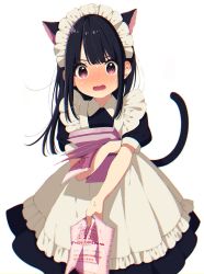 Rule 34 | 1girl, animal ears, apron, black dress, black hair, blush, cat ears, cat girl, cat tail, collared dress, commentary, dress, flyer, frilled apron, frills, heart, highres, holding, long hair, looking at viewer, maid, maid apron, maid headdress, mamyouda, nose blush, original, puffy short sleeves, puffy sleeves, red eyes, short sleeves, signature, simple background, solo, sweat, tail, very long hair, white apron, white background